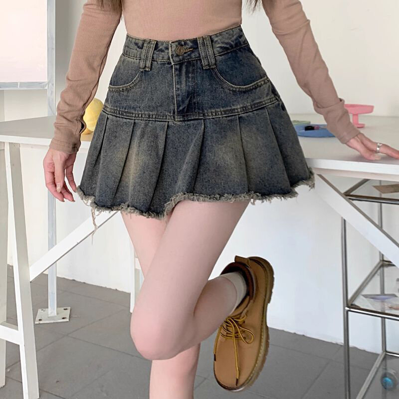 MEXZT Vintage 90S Denim Mini Skirt Women Y2K 2000S Streetwear Pleated Jeans Skirts Harajuku Korean High Waist A Line Skirt New
