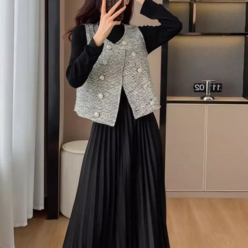 Vestido longo plissado feminino versão coreana temperamento, colete fashion para outono e inverno, novo conjunto de 2 peças