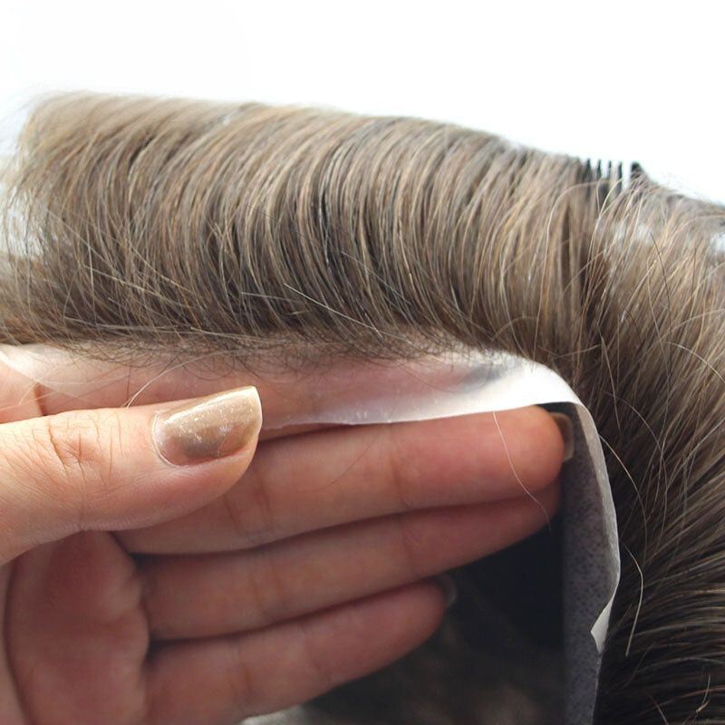 Protesi per capelli maschili sistema di capelli in pizzo traspirante con sistema di capelli in pelle sottile da 0.08mm combinato con toppe in pizzo 100% capelli veri