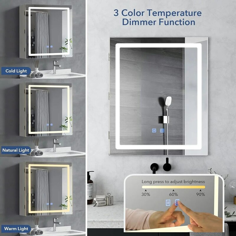 Kabinet obat kamar mandi VOWNER, dengan lampu LED dan cermin, Kabinet cermin terpasang di dinding dengan rak yang dapat disesuaikan, Penghilang, memori