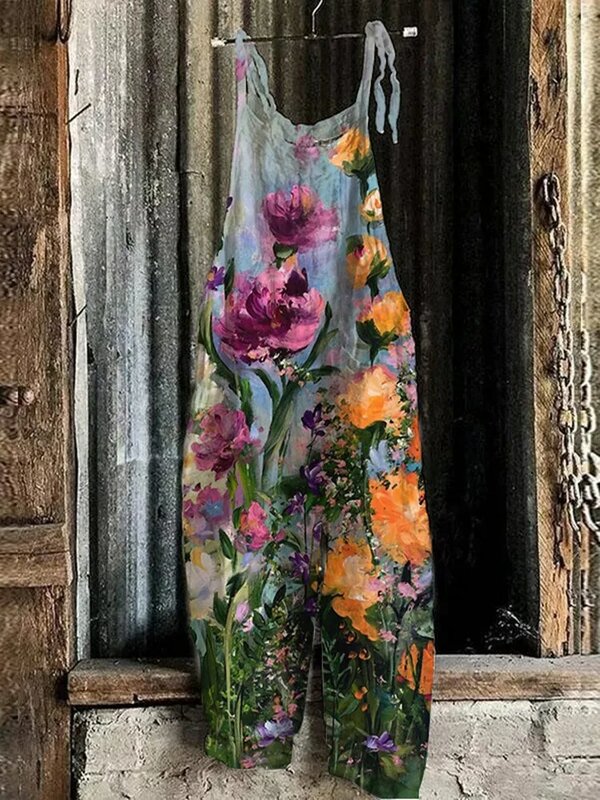 Suspender kasual wanita, baju monyet cetak 3D kecil bunga segar longgar nyaman ukuran besar musim panas