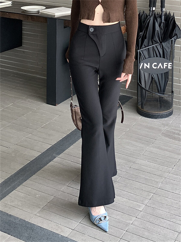 Arazooyi-Pantalon évasé noir à commande haute pour femme, streetwear décontracté pour femme de bureau, minimaliste, All Match, 03Slim, automne 2023