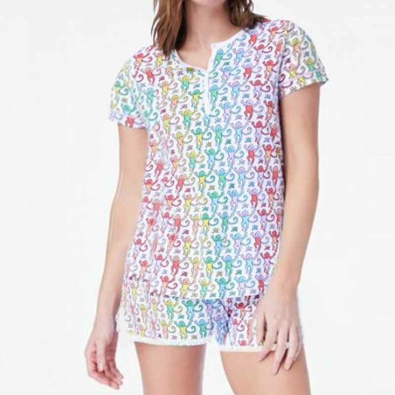 몽키 프린트 반팔 티셔츠 상의 및 반바지, 캐주얼 편안한 라운지 잠옷, 빈티지 매칭 의상, 2 종 세트