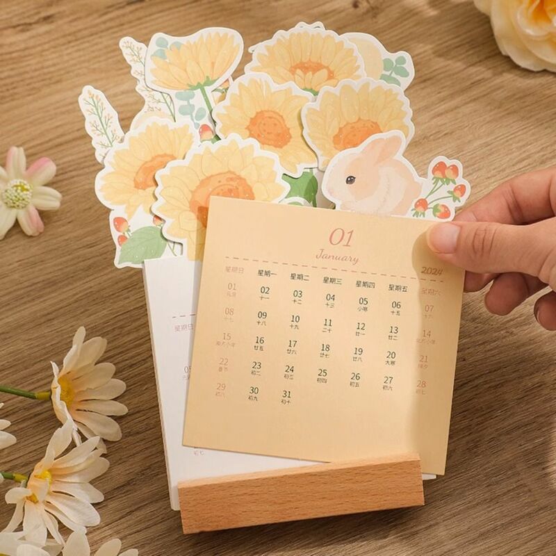 Jadwal harian perencana bunga seri miniatur kalender kayu ornamen seni Desktop ornamen 2024 berdiri kalender bunga