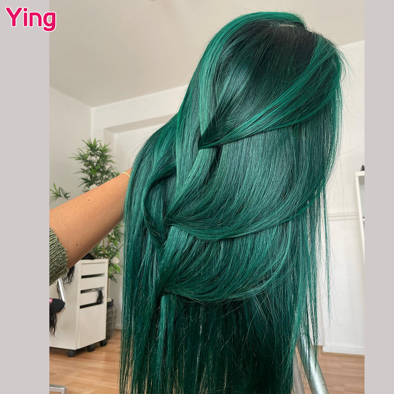 Wig 200% berwarna hijau zamrud lurus tulang 13x6 Wig renda depan transparan menutupi dengan rambut bayi Ying 13x4 Wig depan renda