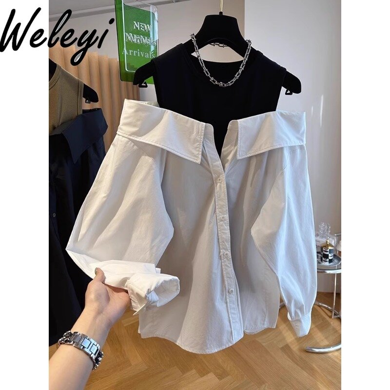 Camisa de talla grande con hombros descubiertos para Mujer, Tops de primavera y verano 2024, chaleco de moda con costuras de manga larga, camisas falsas de dos piezas