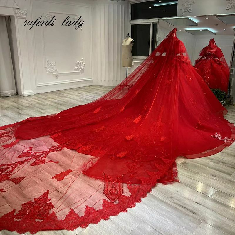 Red Ball Gown Wedding Dresses With Wrap Sweetheart Lace Crystal Bead Robe De Mariee Custom Made Arabic Wedding Gowns