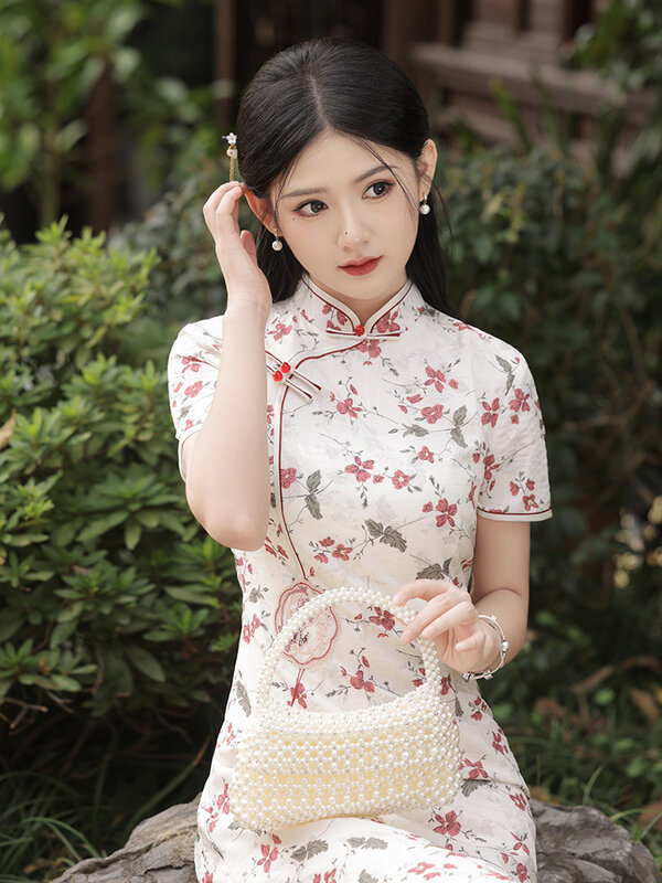 Bordado feminino Aodai Cheongsam, vestido vintage fino, manga curta, trajes estilo chinês, vestido rabo de peixe, S para 4XL