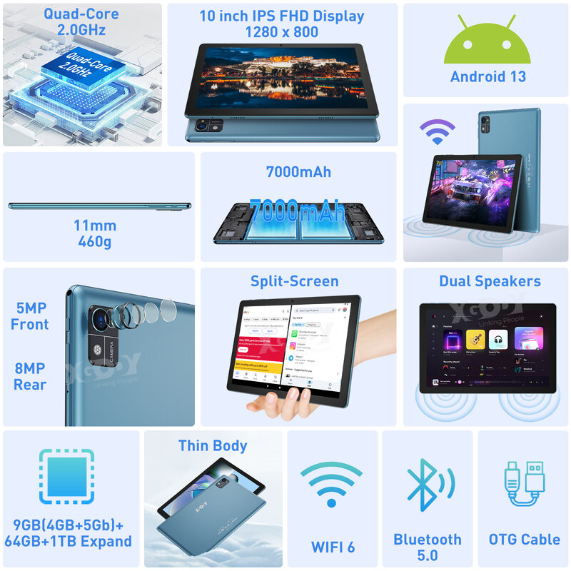 Xgody-tablet de aprendizagem infantil, android, wi-fi, 4gb de ram, 64gb rom, quad-core, 7000mah, para crianças, presente, 10,1 polegadas
