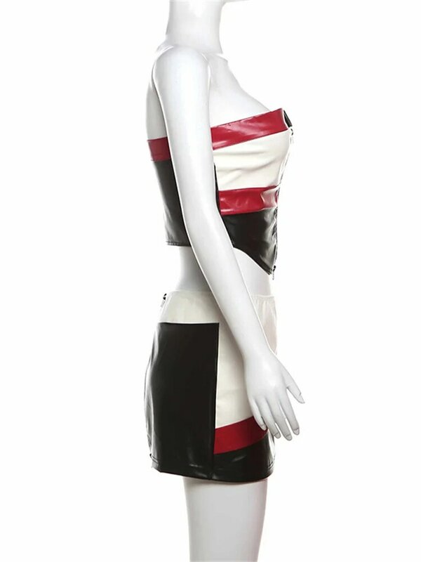 Simenual ชุดเสื้อผ้า2ชิ้นทำจาก PU หนังเทียมแนวสตรีทสูงแบบไม่มีสายรูดซิปเสื้อ tupe ชุดบอดี้คอนแบบเต็มตัวสำหรับผู้หญิงชุด ROK MINI แนวพังค์โคอ๊อดสูทคลับแวร์