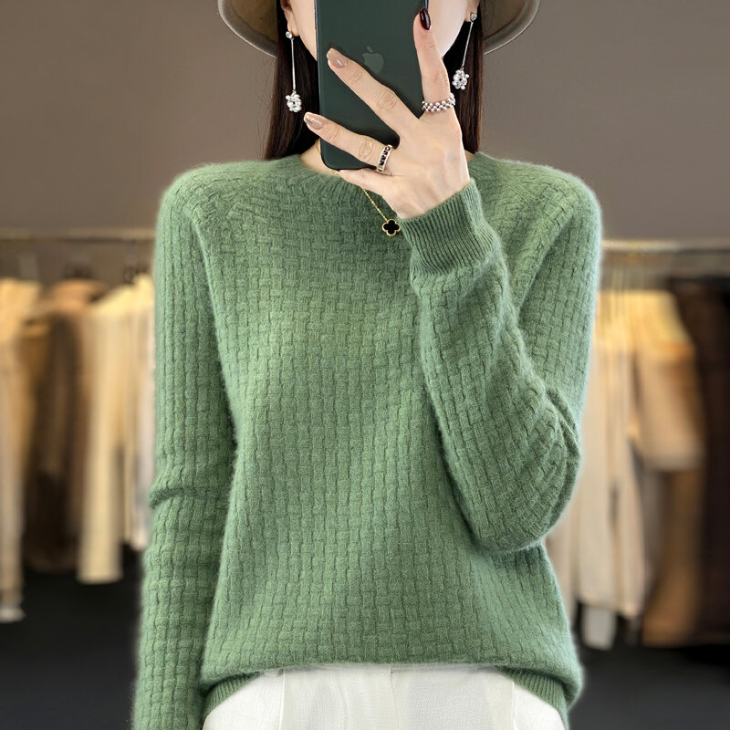 2023 musim gugur/musim dingin populer wol murni rajutan wanita Sweater Solid kotak-kotak Pullover longgar lengan panjang baru edisi Korea fashion
