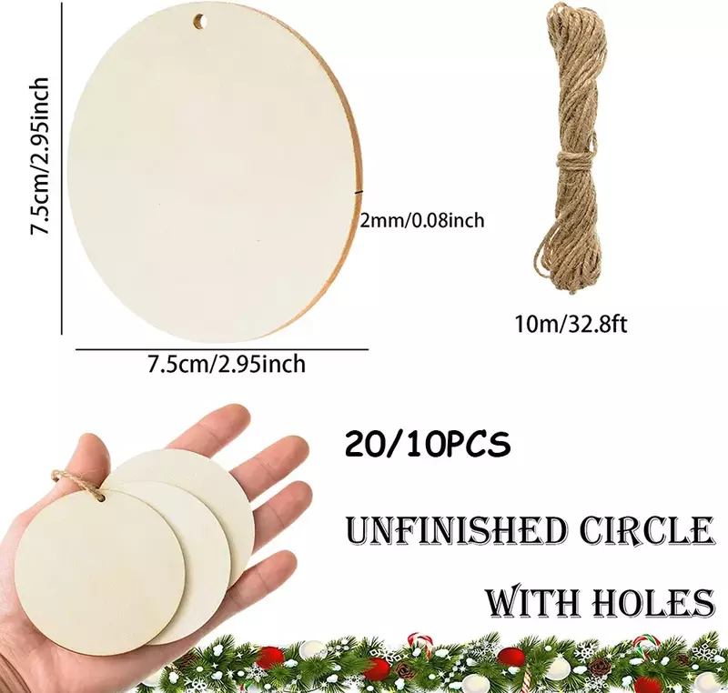 10/20Pcs 7.5cm Round Christmas Wooden Slices DIY Xmas Tree Hanging Pendants Decoration For Home New Year Party Decor Supplies