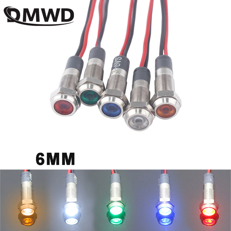 6mm LED Metal Indicator Light Mini Panel Mount Waterproof Signal Lamp With 2 Wires 3V6V 12V 24V 220V Red Yellow Blue Green White