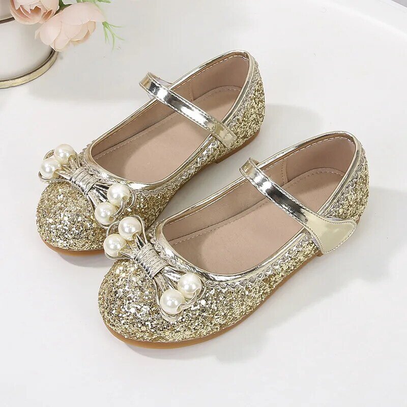 Princess Crystal Shoes Non-slip 2023 New Simple Pearls Cute Girls Mary Jane for Party Wedding Shows Hook & Loop Soft Breatheable