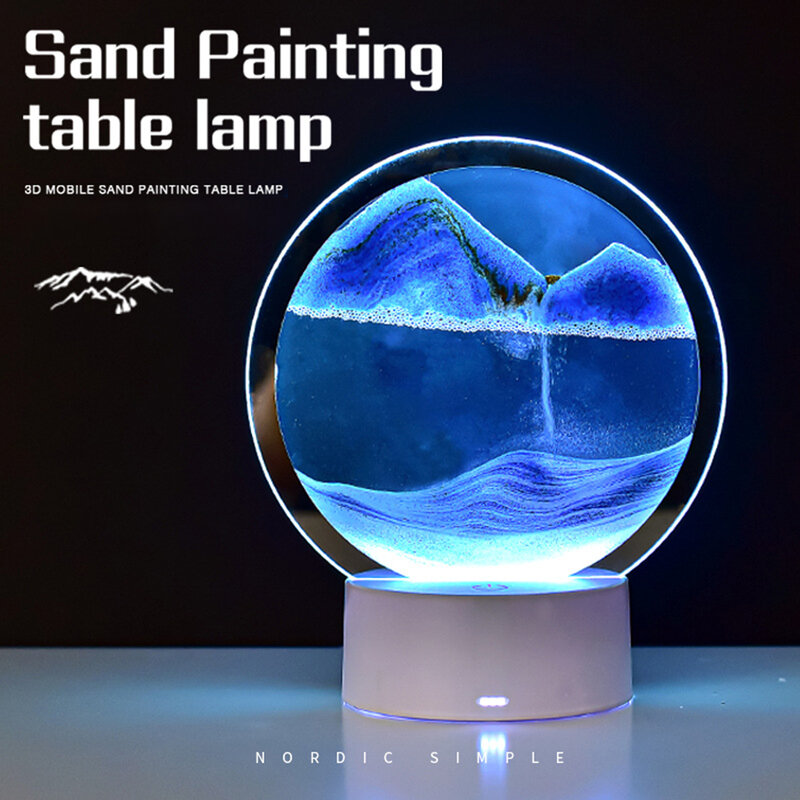 Pintura de arena 3D con luz colorida, hora, pintura de vidrio, luces nocturnas, lámpara de mesa de arena movediza creativa, manualidades decorativas para el hogar