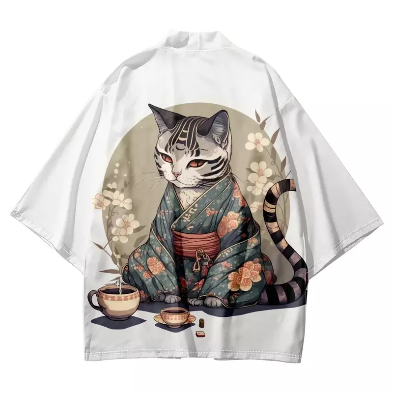 Kimono imprimé chat anime japonais pour hommes et femmes, vêtements de rue, cardigan cosplay, Harajuku, plage, entrée
