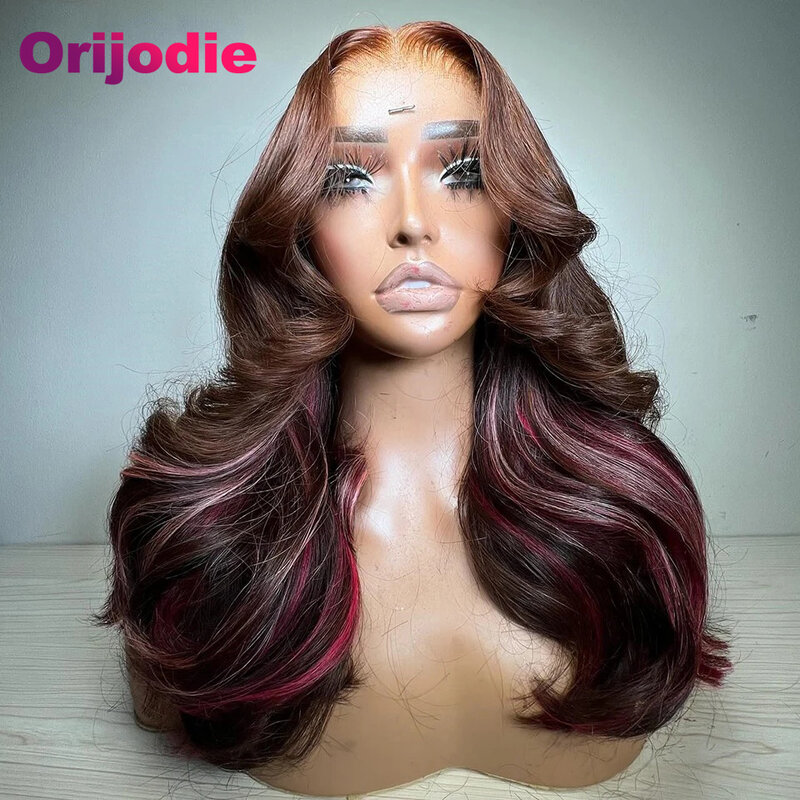 Colored Brown with Pink Highlight 13x4 13x6 Lace Frontal Human Hair Wigs Transparent 5x7 Lace Closure Body Wave Wig Pre Plucked