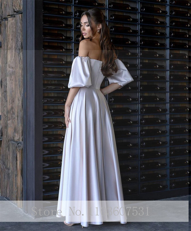 Simple Boat Collar Satin with Ruff Sleeve Wedding Dress for Women A-line Backless Long Wedding Bridal Gown vestidos de novia