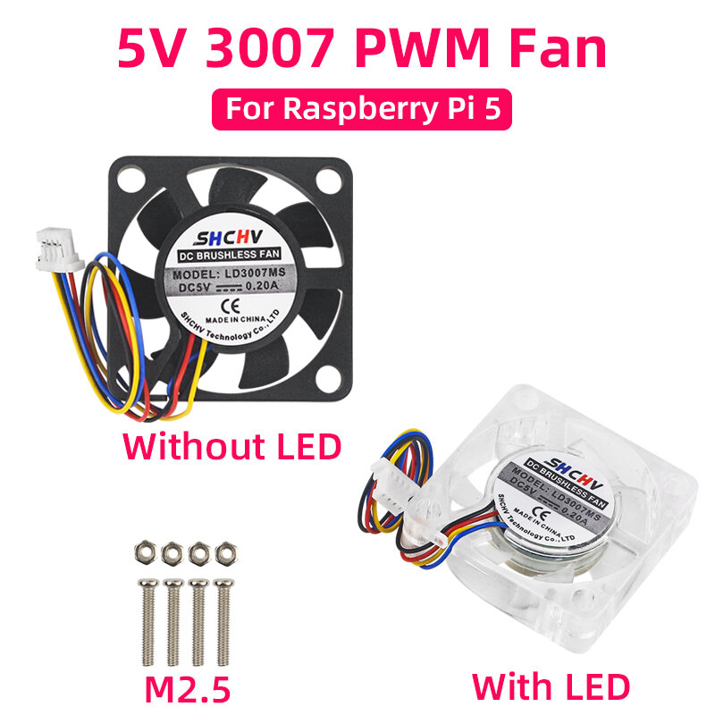 Ventilador PWM de 5V 3007, velocidad ajustable, radiador de refrigeración de CPU, interfaz JST opcional LED con tornillos M2.5 Nutsfor Raspberry Pi 5 4G 8G