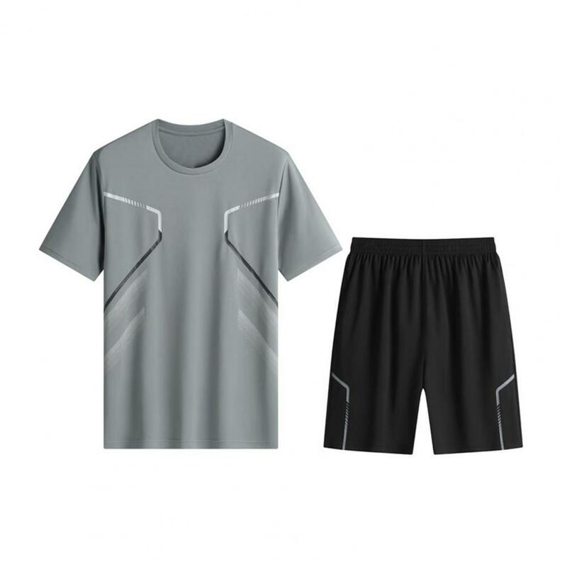 Conjunto de camiseta e shorts de cintura elástica masculino, roupa casual, roupas esportivas, decote em O, perna larga, rápida