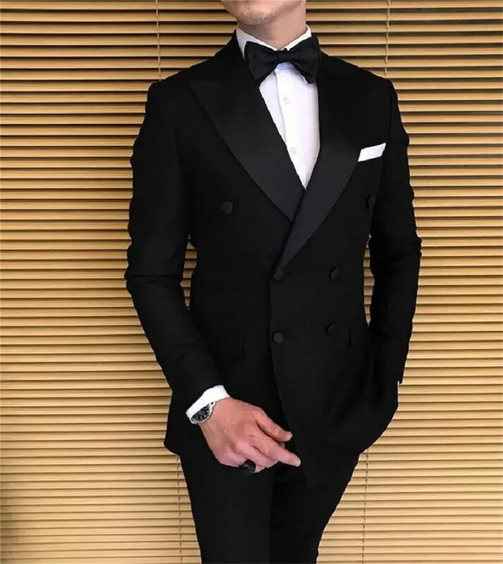Czarny dwurzędowy garnitury męskie smokingi dla pana młodego na garnitury ślubne dwuczęściowe (spodnie w marynarce) elegancki facet blezer najnowszy styl