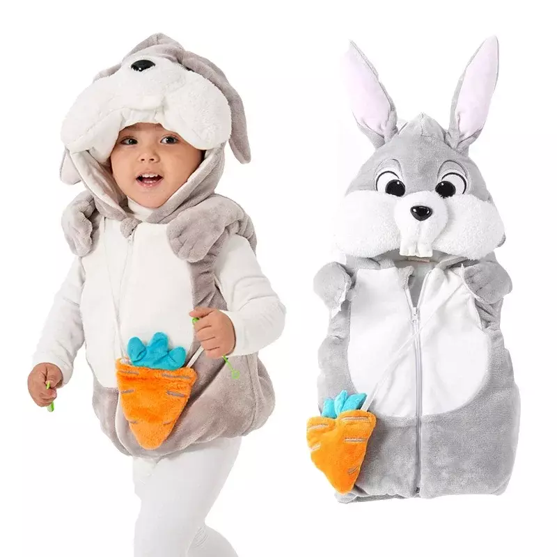 Rompi Hoodie, kostum kelinci balita bayi, rompi Hoodie dengan wortel Halloween Purim 2 warna 1-2t 2-3t tebal musim dingin