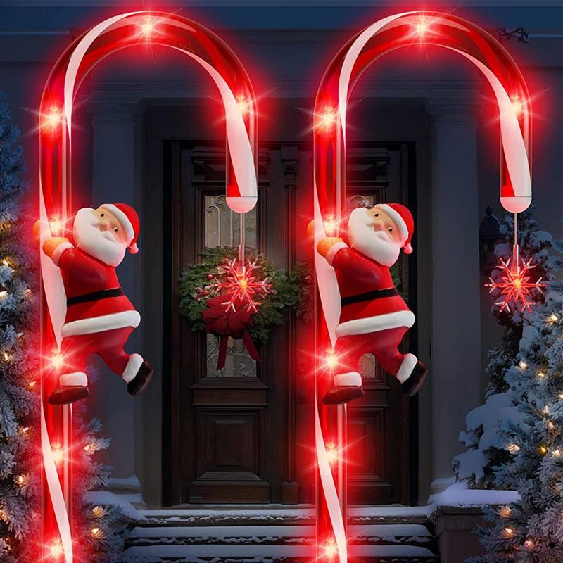 2Pcs Solar Powered Christmas Candy Cane Stake Lights Waterproof Cartoon Light With Santa For Garden Pathway Christmas Decoration