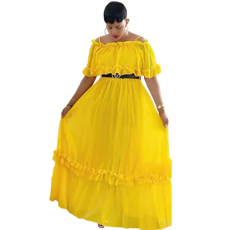2023 African Women's Beach Skirt Ethnic Style Women's Chiffon Dress Suspender Type Solid Color High Waist Long Skirt 8247#
