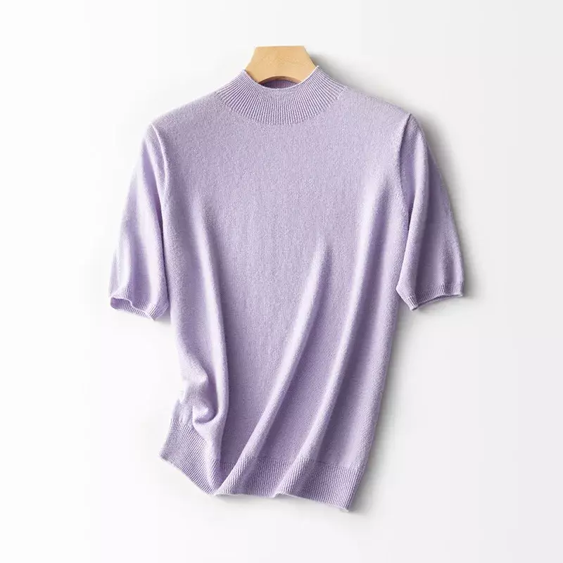 J019 t-shirt pullover in maglia a maniche medie a collo alto da donna