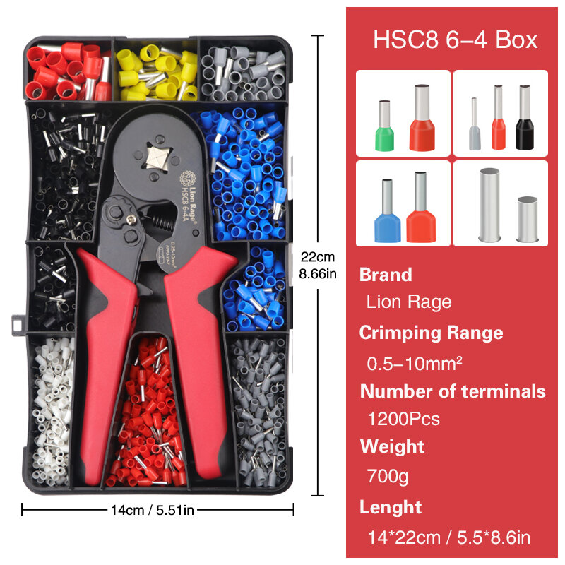 Alicate de crimpagem com caixa, HSC8, 6-4A, Fio Crimper Terminal Tubular, Mini Ferrule Crimper Tools, Kit Elétrico Doméstico