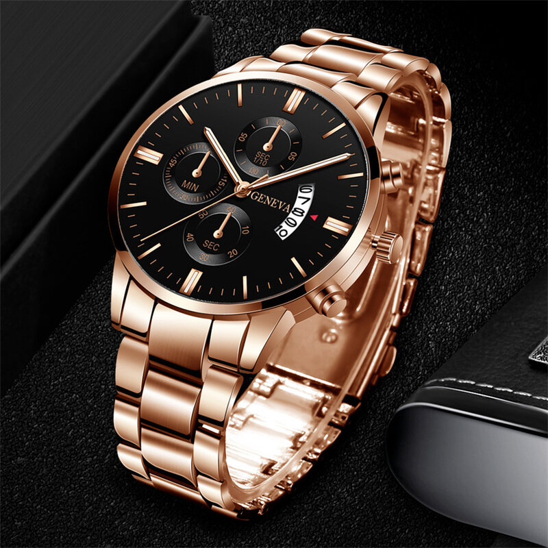 Men's Casual Gold Color Stainless Steel Watch Fashion Luxury Calendar Quartz WristWatch Mens Business Watches for Man
