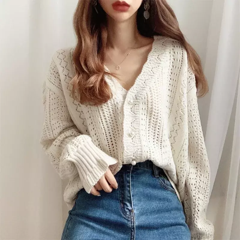 Sexy Knit Tops Women Low V-Neck Long Sleeve Spring Summer Sweater and Cardigans Loose White Hollow Out Cardigan Tops 2021 New