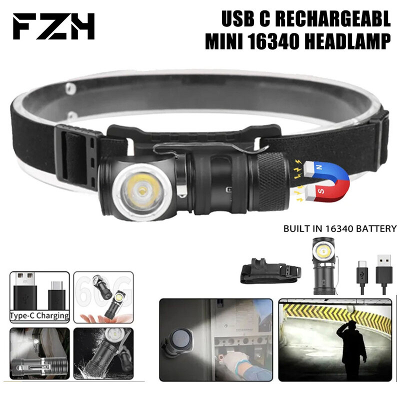 Powerful Mini LED Headlamp Type-c Rechargeable Head Flashight Multi-function Torch with Magnet Clip for Outdoor Camping Lantern