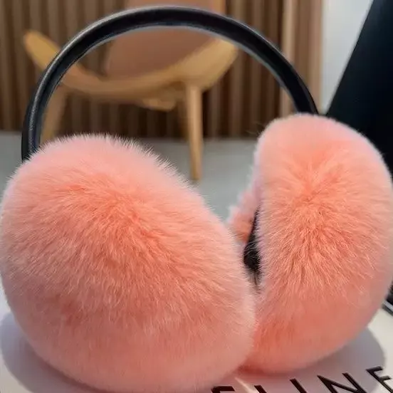 100% Natural Fur Ear Muffs for Women Winter Fur Headphones Soft Warm Cable Furry Real Rex Rabbit Ear Covers for Cold Weather