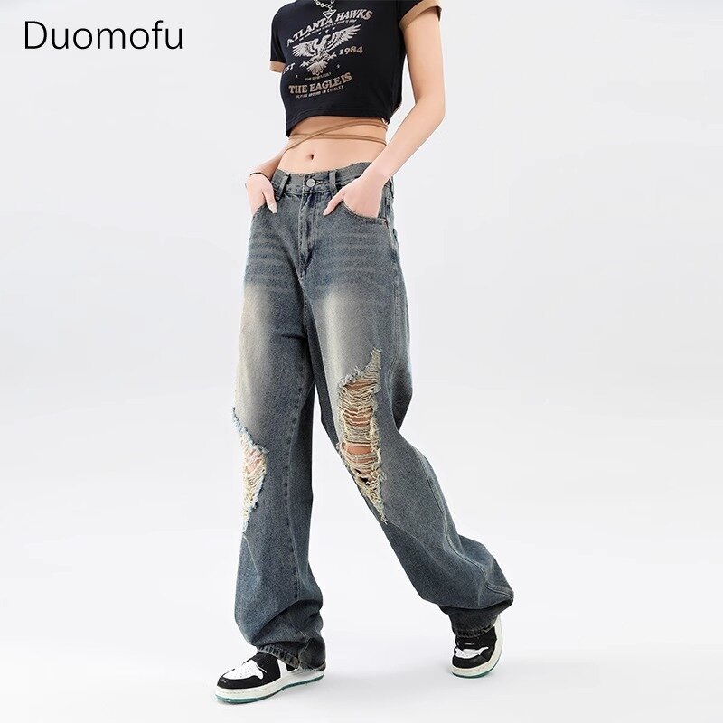 Duomofu-Jeans de cintura alta vintage feminino, jeans slim básico americano, oco fora, moda casual simples, novo, outono