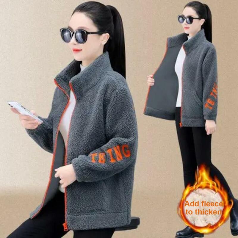 Warm Women Coat Women Thermal Jacket Thick Fleece Winter Coat with Stand Collar Letter Pattern Pockets Warm Mid Length for Women