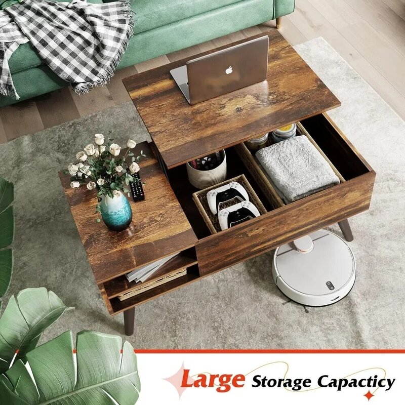 Table à manger en bois avec compartiment GNE et étagère de rangement réglable, table basse élévatrice, table de salle à manger pour la maison et le salon