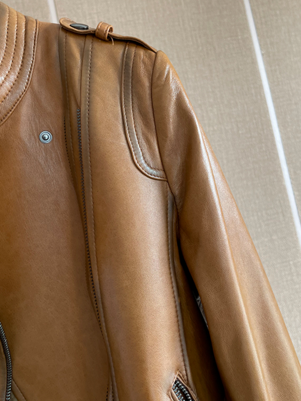 Jaket kulit domba lilin minyak wanita musim gugur kerah berdiri pendek mantel kerja kantor jaket kulit asli untuk pengendara sepeda motor antik tahan angin