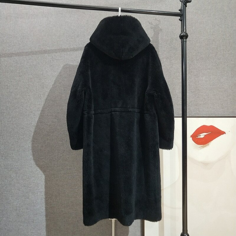 Женское длинное стильное пальто с капюшоном из натуральной шерсти JT305