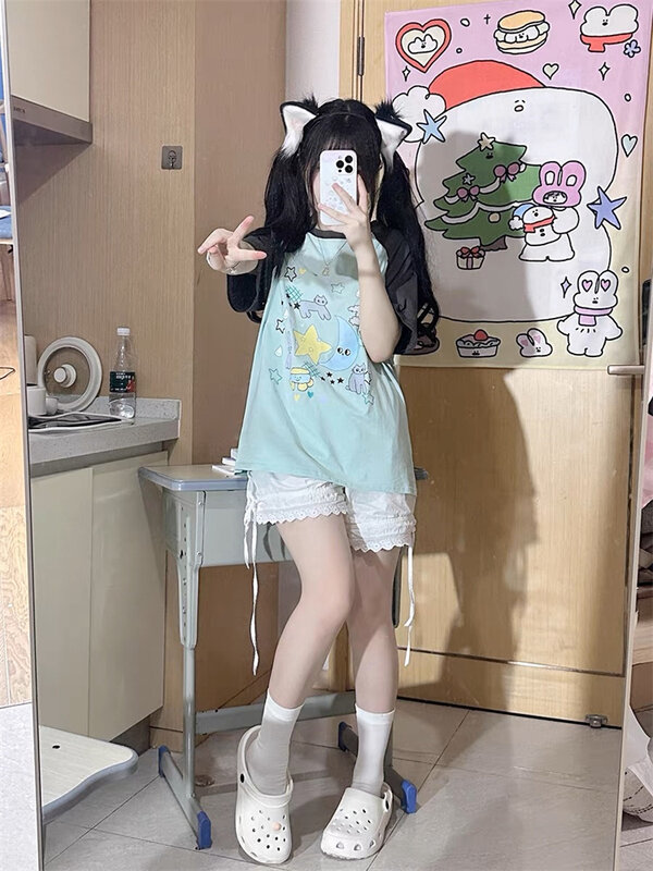 Deeptown Y2K gaya Jepang Tshirt wanita Harajuku Kawaii Anime Cetak Tee kebesaran Korea lucu manis Girly Patchwork Top musim panas
