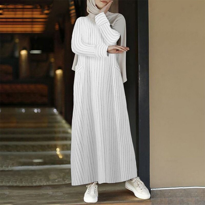 New Womens Ladies Muslim Abaya Long Sleeve Stripe Loose Casual Long Maxi Shirt Dress Kaftan