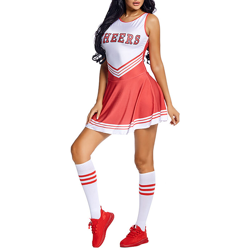 Womens Cheerleading Uniform Themafeest Schoolmeisje Rollenspel Kostuums Brief Print Mouwloze Jurk + Sokken + Juichende Bloemenoutfit