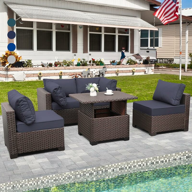 Rattaner 5 Pieces Outdoor Wicker Furniture Conversation Set Patio Furniture Sectional Sofa Couch Set Adjustable Storage Table