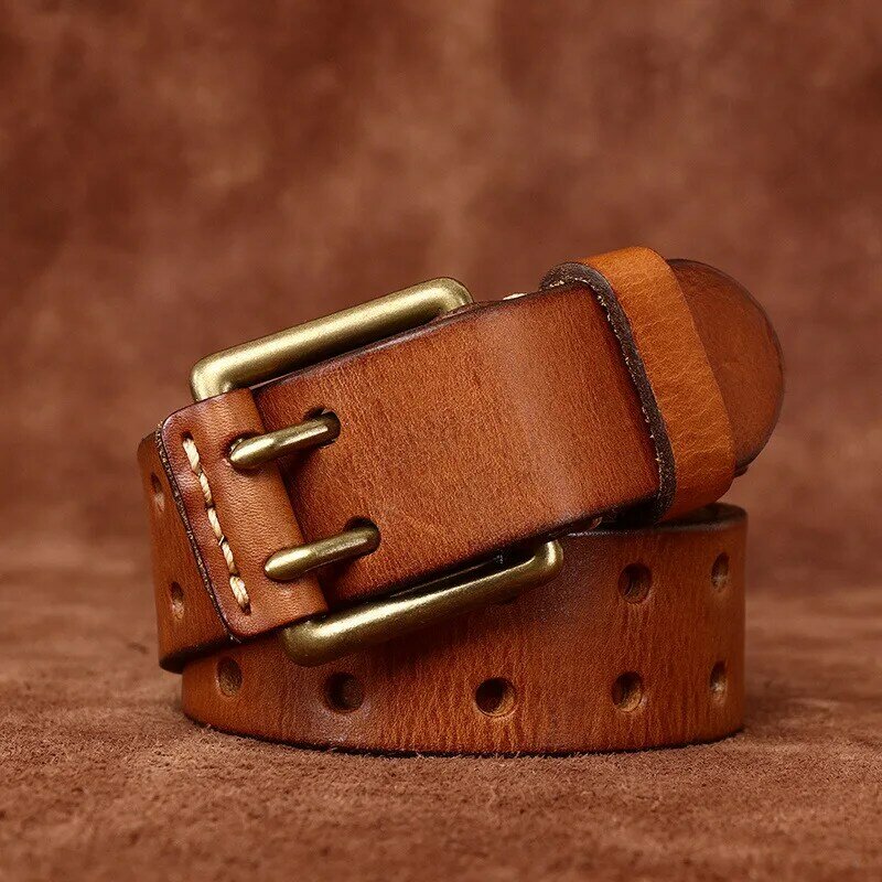 Cinturón de cuero con hebilla de doble aguja para hombre y mujer, 3,8 cm de ancho y 4mm de grosor, estilo étnico, caza táctica, europeo y americano