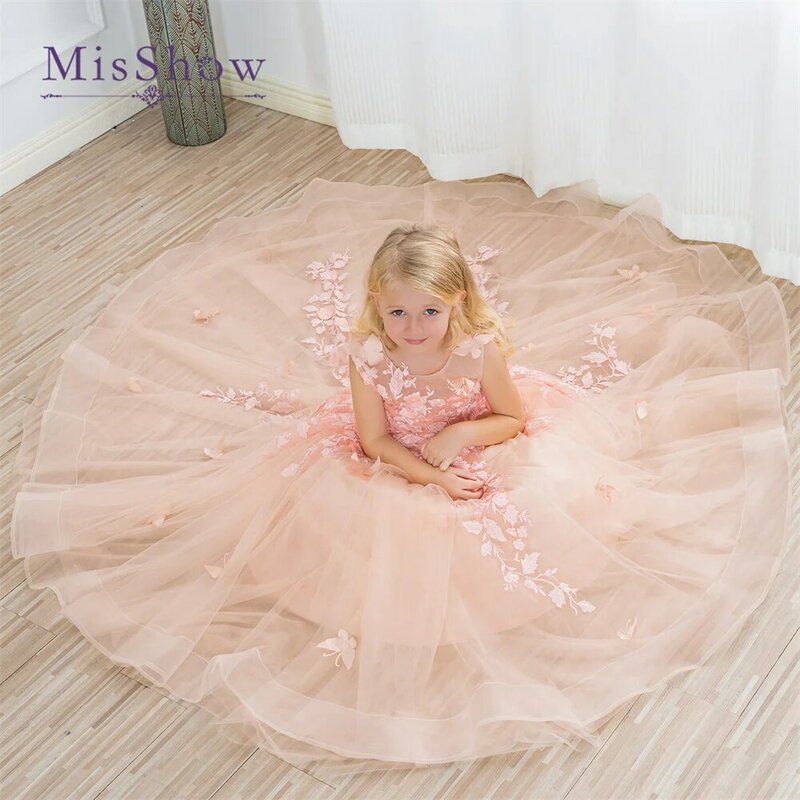 Misshow-女の子のためのピンクの花柄ドレス,結婚式のための3Dレースの花嫁介添人のボールガウン,ふわふわの誕生日パーティーのプリンセスドレス