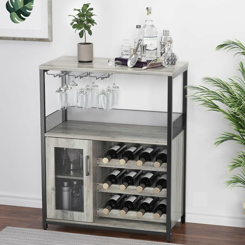 Wine Cabinet with Large Storage Space and Detachable Rack, Small Sideboard and Buffet Cabinet with Mesh Door