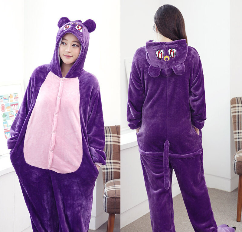 Пижамный комбинезон с большими глазами в виде фиолетового кота, Пижамный комбинезон для взрослых, одежда для сна, ночная рубашка, теплая фланелевая модель