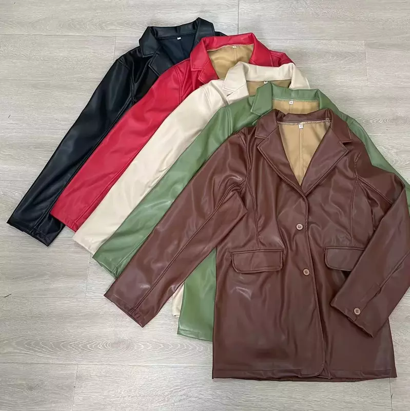 PU Suit Jacket Outwear Solid Color Loose Fashion Y2K Women Leather Jacket Leisure Long Sleeve Warm Leather Blazers Coats