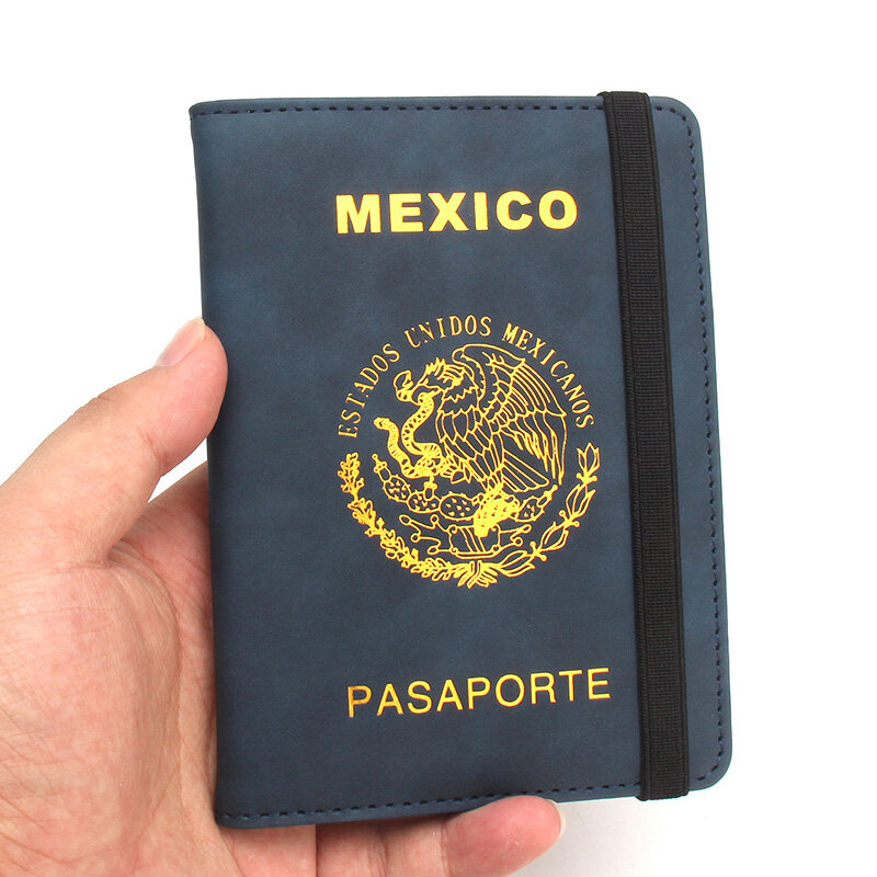 Funda de pasaporte de México Rfid, funda de pasaporte de Pu de calidad, soporte para tarjetas de billete, billetera de viaje multifuncional, grabado de nombre disponible