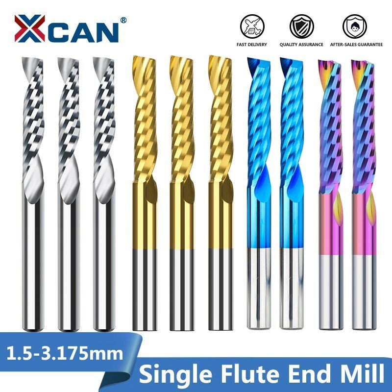 XCAN End Mills 10pcs 2x8mm 3.175 shank Single Flute Spiral Router Bits for Cut Wood/Plastic 1 Flute CNC Milling Cutter 